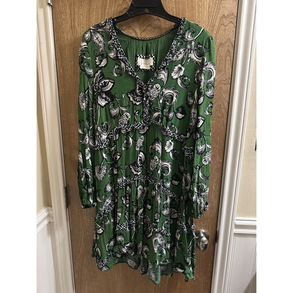 Anthropologie Tiered V-Neck Mini Dress Green Motif Floral Ruffle Layer L Boho - Picture 2 of 11